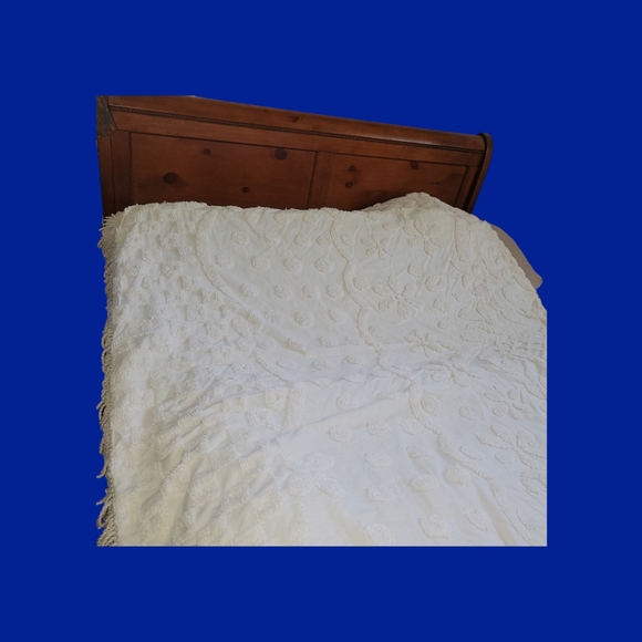 Vintage MCM Chenille Bedspread King Size Daisey Checkerboard Fringe Granny Core - Picture 3 of 9